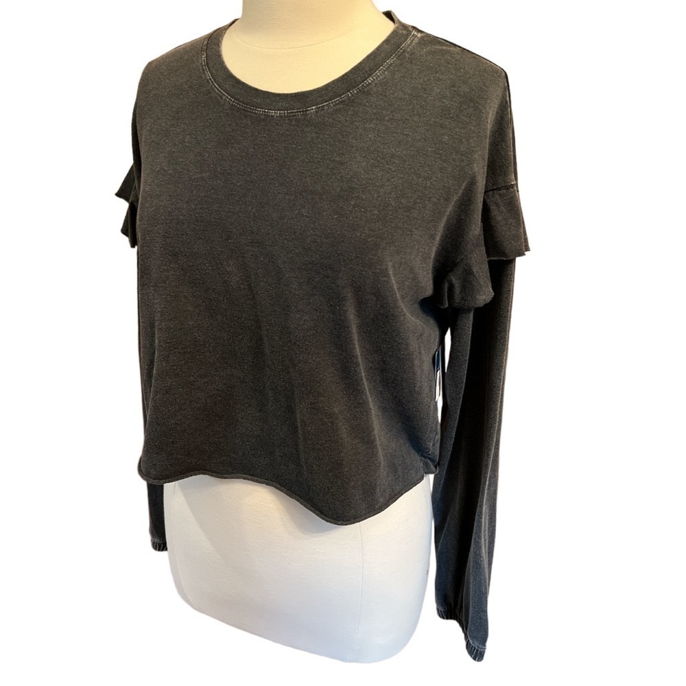 Arizona Jeans Charcoal Boxy Crop Long Sleeve Top Ruffle Drop Shoulder Sz XL‍‍﻿﻿﻿